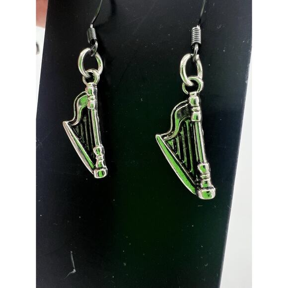 Handmade Harp Charm Earrings Silver Toned Dangle Gift Stocking Stuffer Music New - Picture 1 of 4